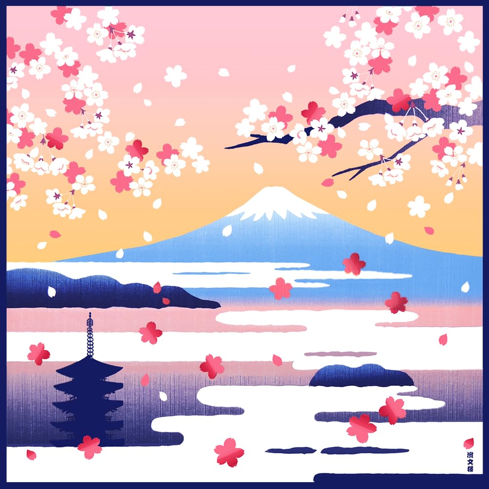 Hamabunyo Picture Cloth (Furoshiki 50cm) Sea Clouds Fuji Cherry Blossoms