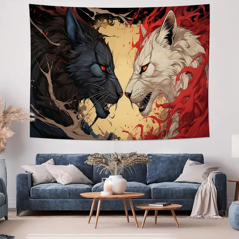 Ice and Fire Wolf Battle Tapestry Unique Art Wall Decor