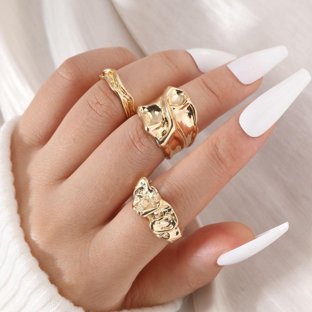 European & American Metal Texture Ring Set: Smooth, Exaggerated Geometric Open Rings for Women