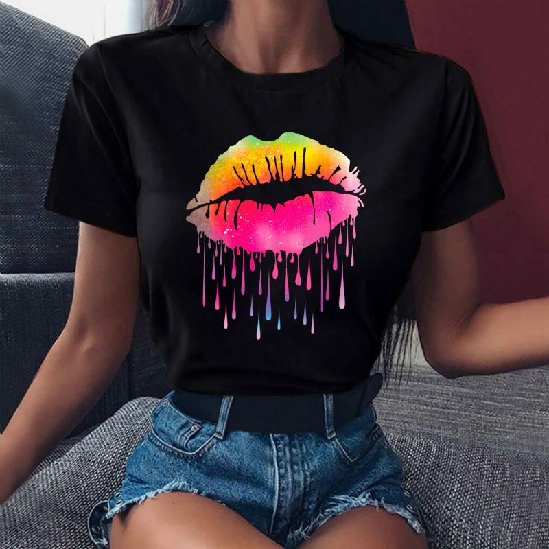 Новая женская футболка с акварельными губами в стиле 90-х Ulzzang для девочек, черные футболки, топы, забавные футболки с поцелуем и шепотом для девочек, одежда