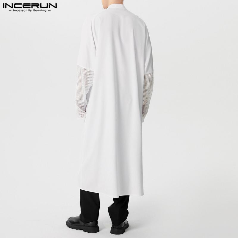 INCERUN Мужские рубашки с длинным рукавом и пуговицами, длинные, с разрезами, лоскутные туники, топы