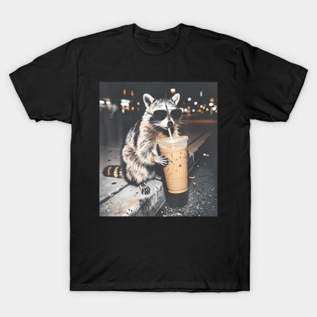 Raccoon Drinking Iced Coffee Funny Animal Meme Graphic T‑Shirt
