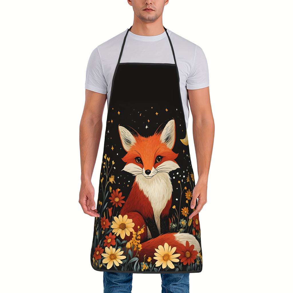 Moonlight Fox Garden Adjustable Cooking Apron - Polyester, Starry Night Fox and Floral Print, Unisex Kitchen Apron, Durable Easy-Care Design, Essentia