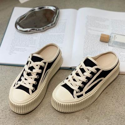 Баотоу тапочки женские однотонные парусиновые полушлепки весна новинка толстая подошва дышащие уличные модные крутые тапочки