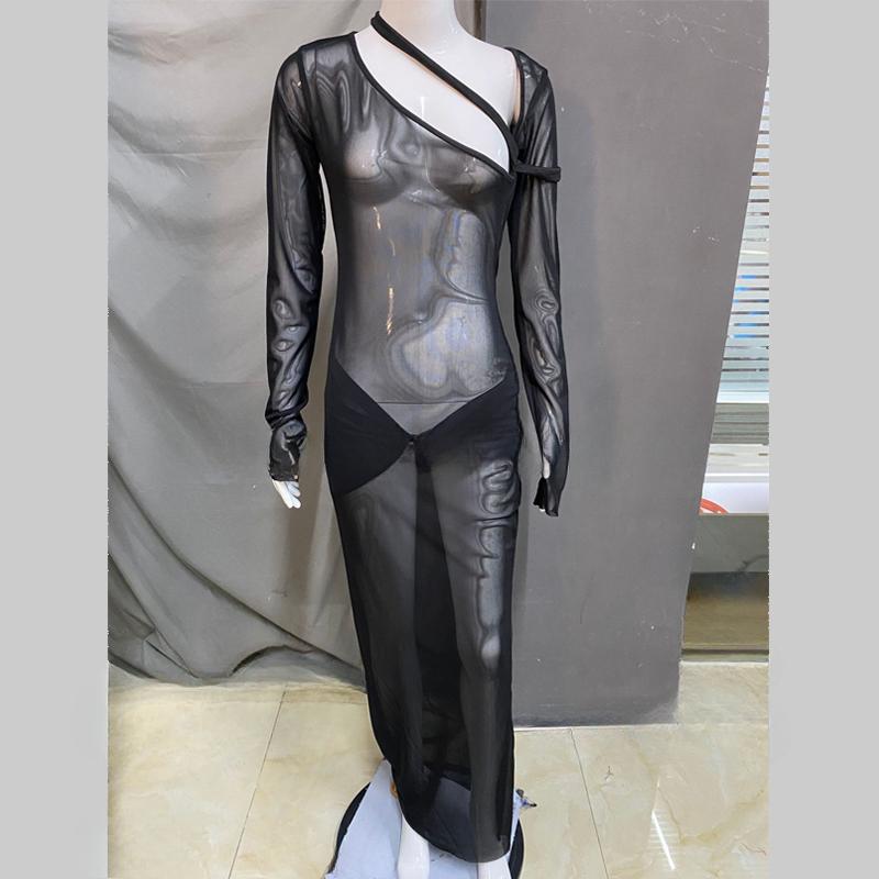 Европейские и американские женщины весна с длинными рукавами прозрачная сетка высокая талия сексуальное пикантное женское длинное платье