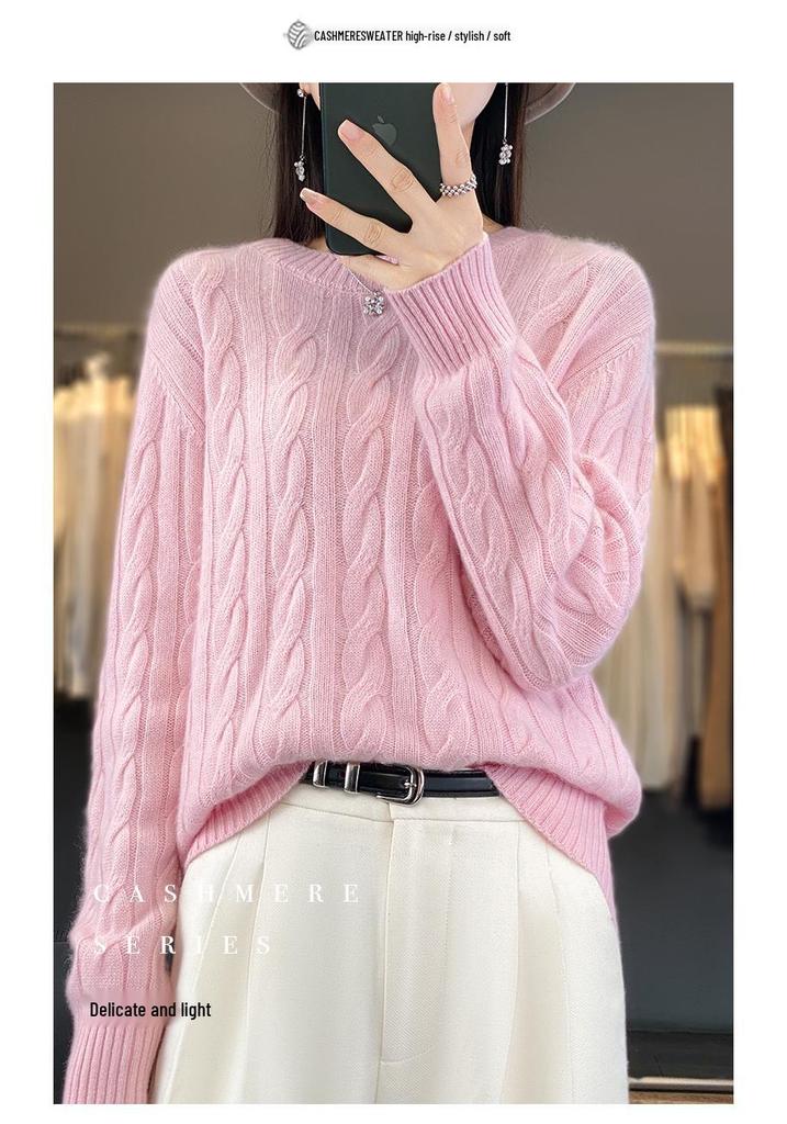Women's Retro Loose Cable Knit Wool Sweater - Round Neck, Solid Color, Lazy Style, Perfect for Autumn and Winter.