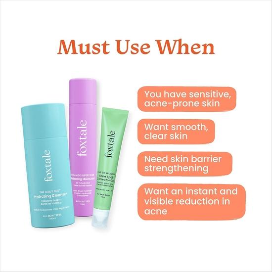 Foxtale ABC of Acne Control Trio Набор для ухода за кожей | Гель для точечного лечения акне 15 мл + Очищающее средство для умывания 100 мл + Увлажняющий крем с керамидами 50 мл
