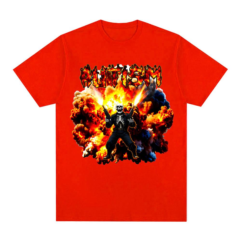 Autistic Autism Funny Skeleton Meme Explosion Tshirts Men Vintage Gothic Short Sleeves Tshirt Cotton Summer Oversized T Shirts