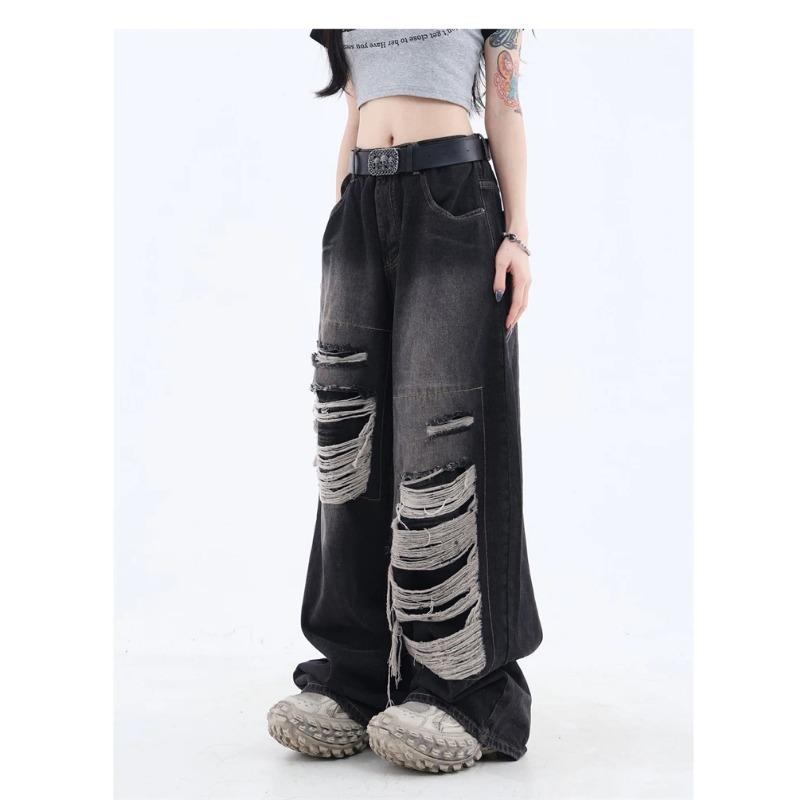 Women's Gothic Black Jeans High Waist Vintage Korean Fashion Y2k Streetwear Ripped Pants Harajuku Casual Wide Leg Denim Trousers