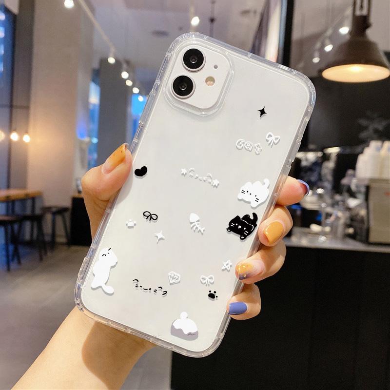 Милый Кавайный Кот Собака Наклейка Чехол для Телефона для iPhone 17 16 15 14 13 12 11 Pro Max Plus Корейский Стиль Ударопрочный Прозрачный Мягкий ТПУ Чехол