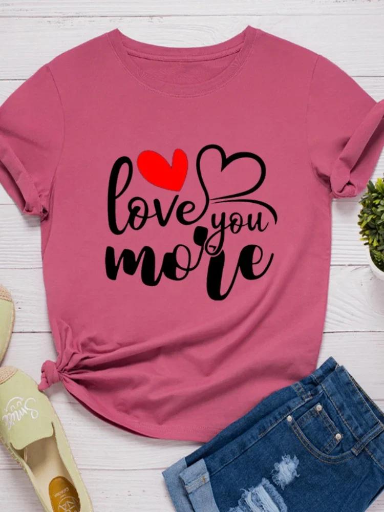 Love You More Heart Print Женская футболка с коротким рукавом и круглым вырезом Свободная женская футболка Женская футболка Топы Одежда Camisetas Mujer