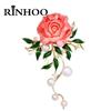Rinhoo Pink Peony Flower Brooch For Women Luxury Imitation Pearl Green Leaf Floral Lapel Pin Bouquet Plant Badge Wedding Jewelry