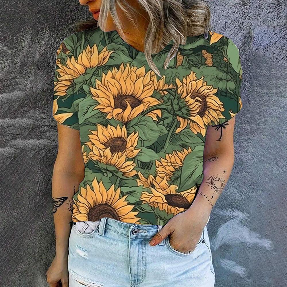 2024 Women's Summer Women's T-Shirt Retro Sunflower Pattern Print T-Shirt Fashion Popular Women's Leisure Short Sleeve T-Shirt