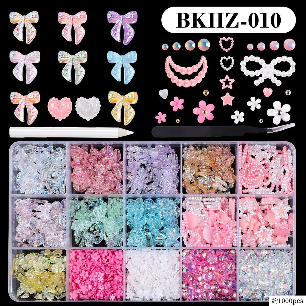 15Grids/box Mixed Resin Bowknot Nail Art Decorations 3D Acrylic Charms Kawaii Colorful Bow Rhinestone DIY Manicure Tools Parts