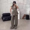 2024 Women's Fashion Sleeveless Turn-Down Collar Top & High Waist Two-Piece Set - Solid Color Autumn Collection