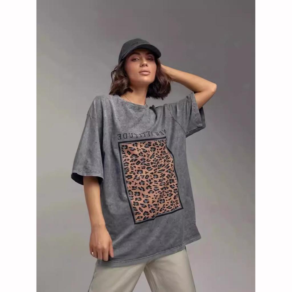 Футболка из хлопка стираная женская модная леопардовая с принтом свободная с круглым вырезом большого размера с коротким рукавом Y2k