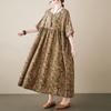 Women Summer Loose Dress Vintage Printed with Pockets Short Sleeves Round Neck Drop Shoulder Casual
