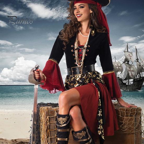 Halloween Cosplay Dress Pirate Queen Dance Party Stage Performance Costume Bell Sleeves Irregular Hem Lace-up Strap Belted Waist Vikings Dress