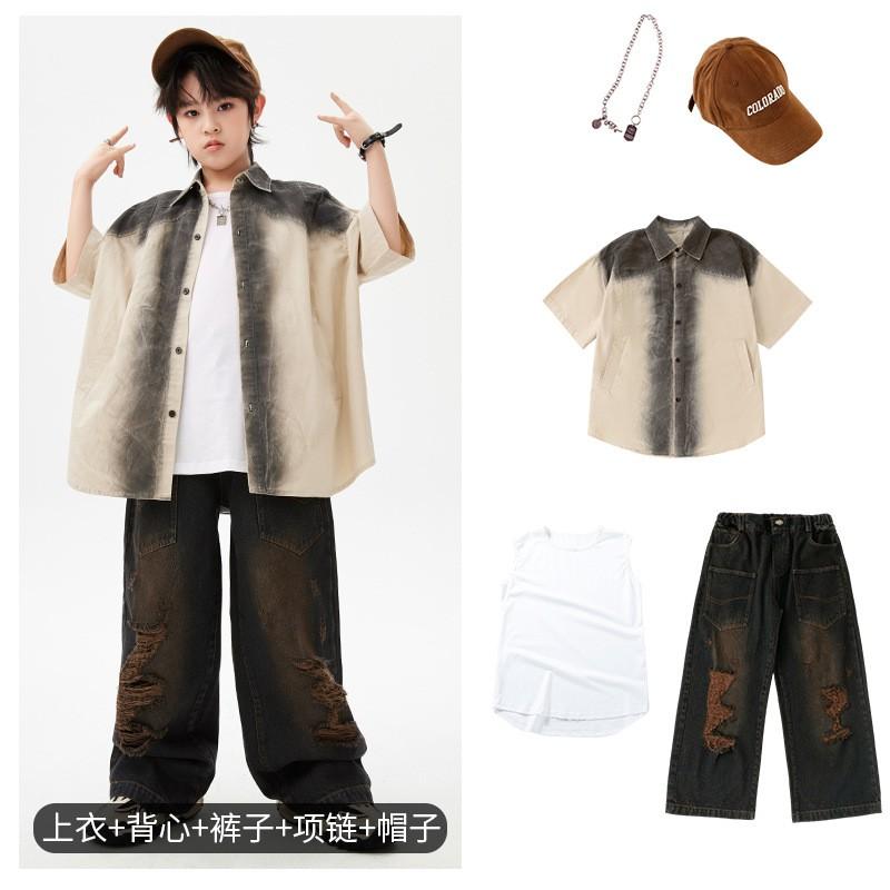 Kids Hip Hop Dance Outfit Set Boy Girl Streetwear Performance Costume Cotton Shirt Pants Vest Hat Necklace