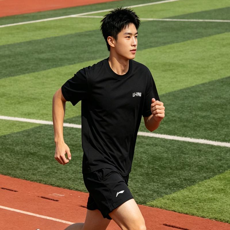 Li-Ning Летний мужской костюм с коротким рукавом и шортами Модный тренд Удобный Дышащий Влагоотводящий Повседневный Спортивный костюм Мужской костюм Черный AHSW275-4+YATV113-1