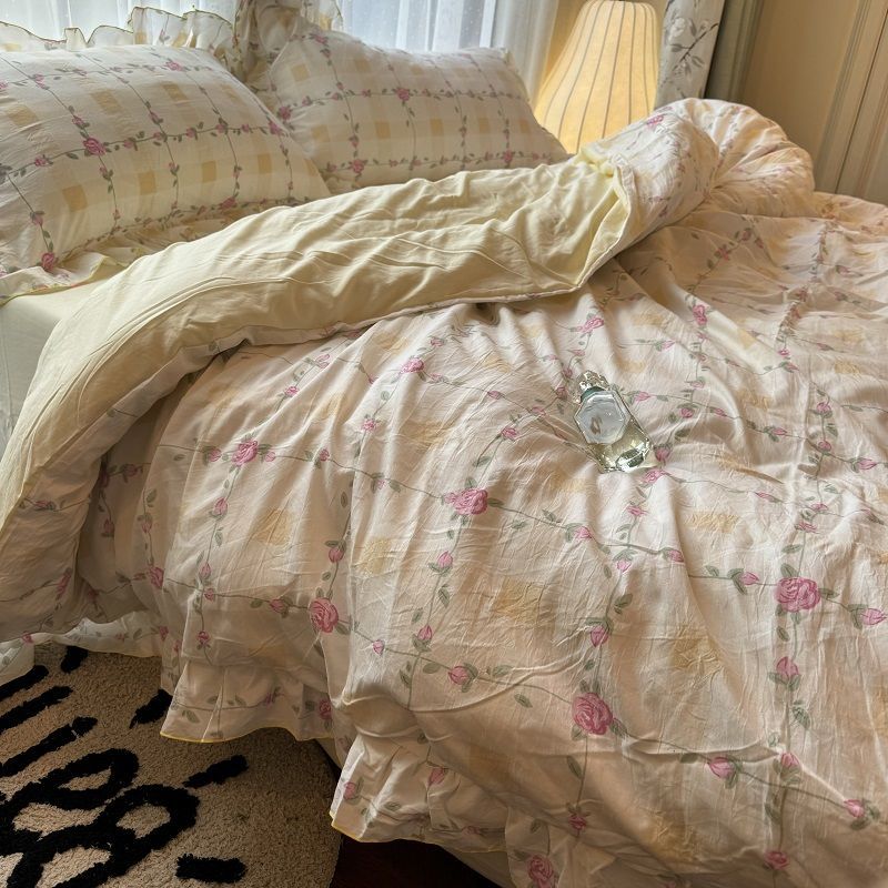 Korean Princess Duvet Cover Set Skin Friendly Wash Cotton Bedding Set Of Four Pieces Lace Bedin Set Bed Sheets Comforter Cover