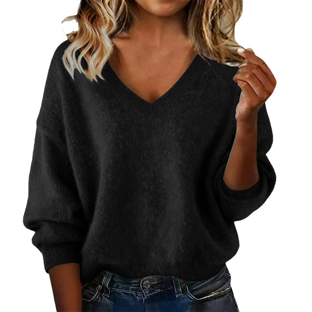 Women's Fashionable Casual Knitted Top Loose-Fit Solid-Colour Long-Sleeved Jumper