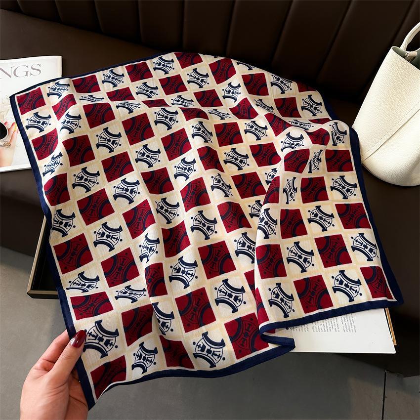 Alphabet Arc De Triomphe Scarf Grid Neck Scarf 65 × 65Cm Thin Premium Versatile Cotton And Linen Feel Velvet Scarf