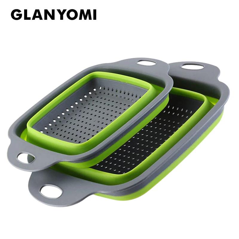 2-Piece Square Collapsible Colanders Set Kitchen Fruit & Vegetable Tools Silicone Strainers Basket Filter