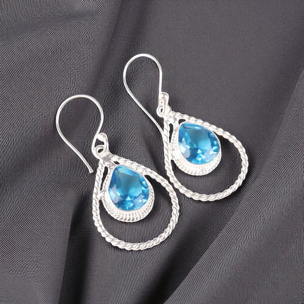 Швейцарский голубой топаз Драгоценный камень Серебро 925 пробы Ювелирные изделия Серьги ручной работы 1,70" EE-96-9