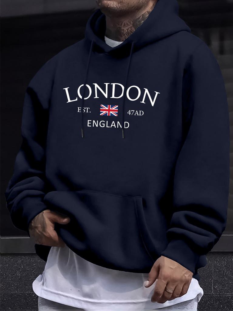 Stylish London England Flag Print Hoodie - Fashion Hoodies for Men with Long Sleeve Comfortable Regular Fit