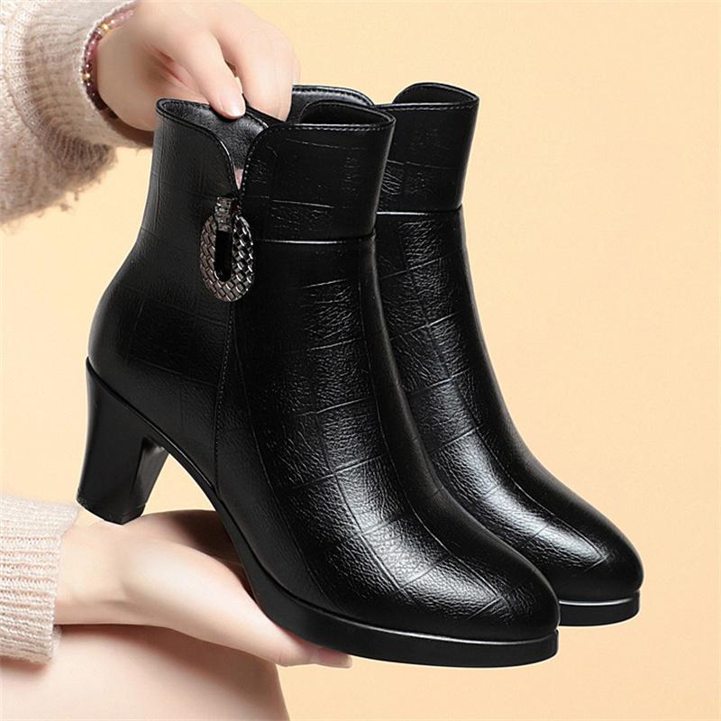 Fashion Chunky Heel Platform Women Cotton Shoes Soft Leather Winter Warm Thick Plush Anti-slip Simple Fashion High Heel Snow Boots