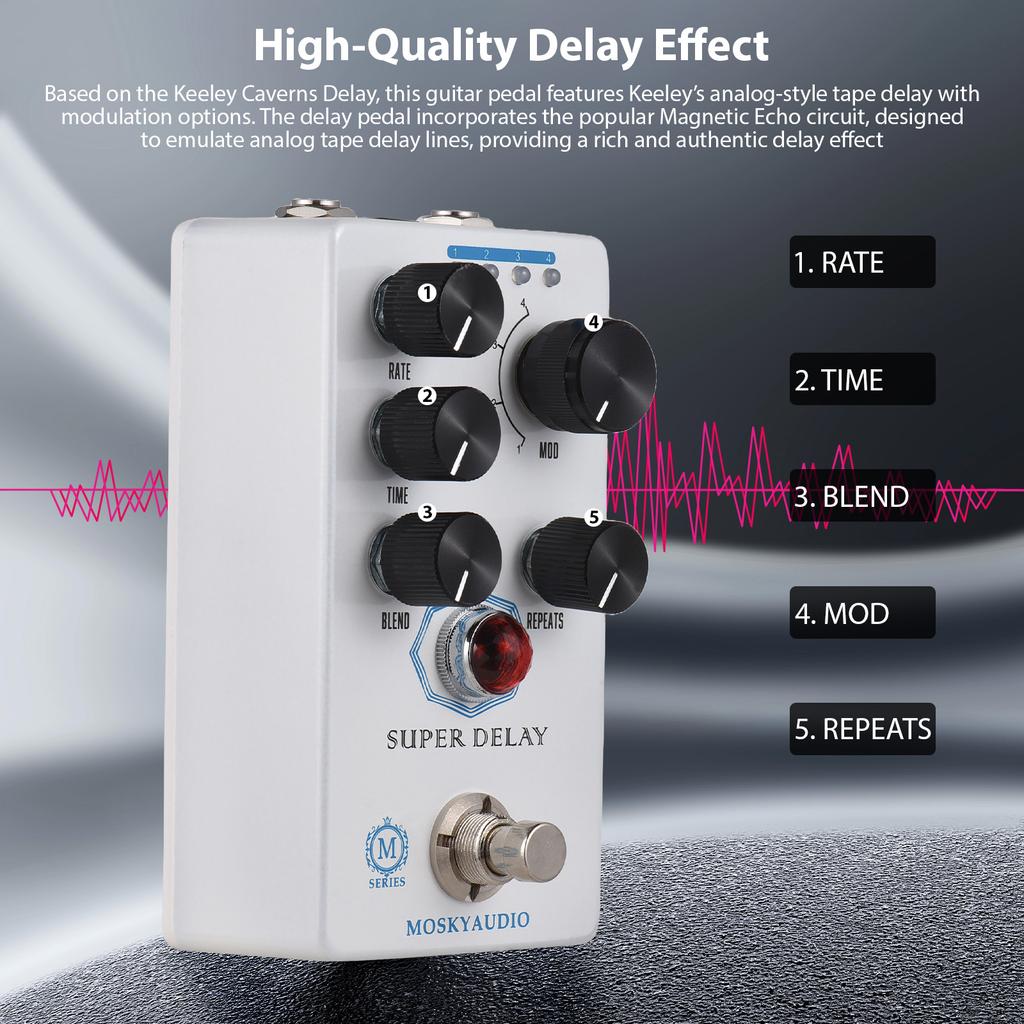 MOSKYAUDIO SUPER DELAY Guitar Delay Effects Pedal Blend/Time/Rate/Repeats/4-Mode Knob DC 9V 6.35mm