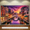 2D Romantic Backdrop, Venetian Canal with Historic Buildings and Twilight Sky Background