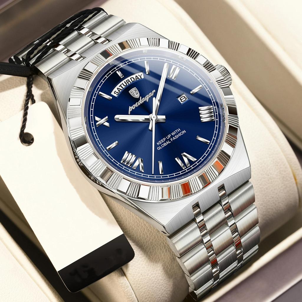 POEDAGAR Business Male Watch Luminous Waterproof Stainless Steel Men Wristwatch Week Date Quartz Fashion Men's Watches