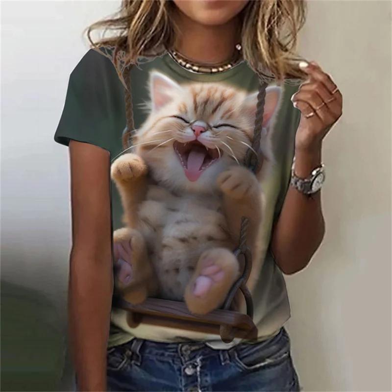 Женская футболка Kawaii Cat с 3D принтом, топ с круглым вырезом и короткими рукавами, летняя уличная повседневная простая одежда