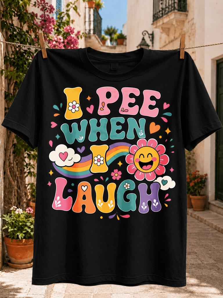 I Pee When I Laugh TextRainbow Happy Flower Clouds Hearts and Colorful Groovy Letters Groovy Unisex All TShirt
