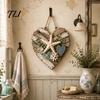 Hanging Wood Bead Ornament Rustic Coastal Heart Shape Wall with LED Light, Distressed Farmhouse Pendant Decor Beads & Jute Rope for Living Room