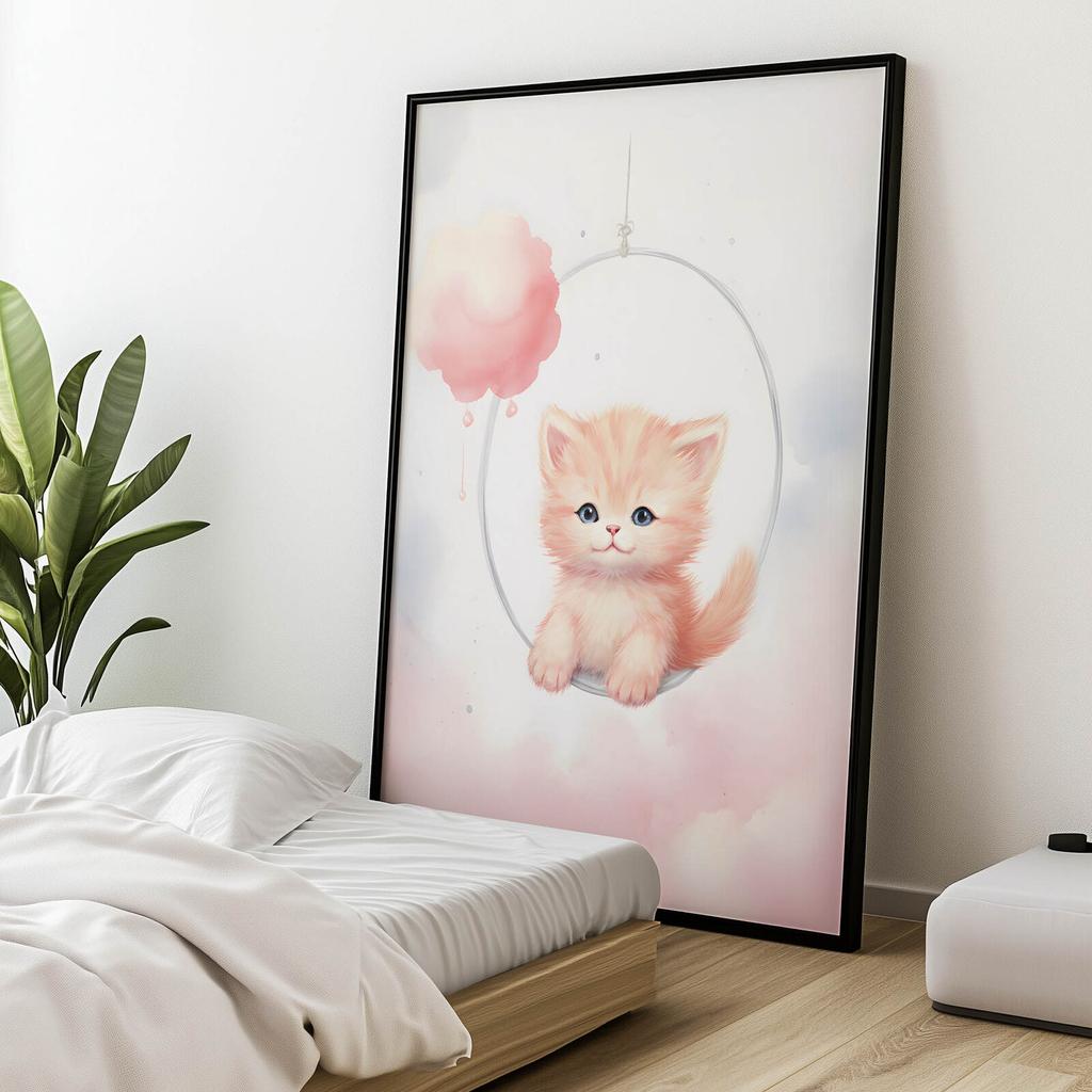 Радостный Котенок На Качелях Радостный Котенок На Качелях, 50x70 См, Золотая Алюминиевая Рама, Матовая Бумага 230 г/м²