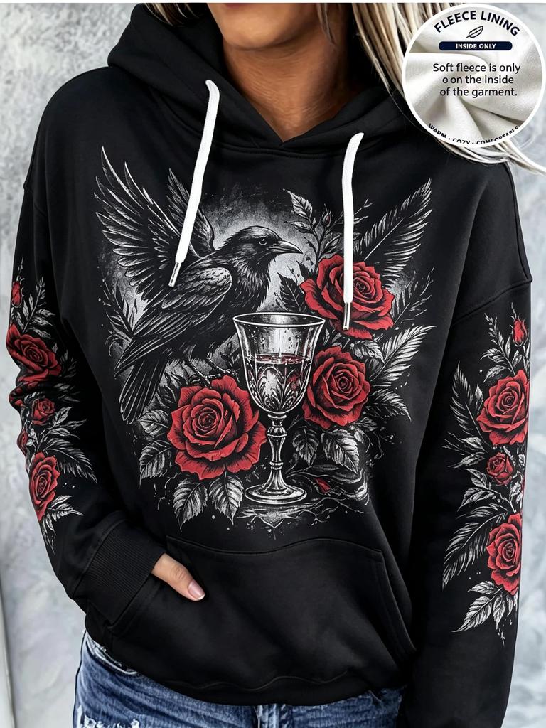 Women Hoodie Black Gothic Wolf Head Red Rose Goblet Feather Print Long Sleeve Drawstring Pocket Hooded Sweatshirt
