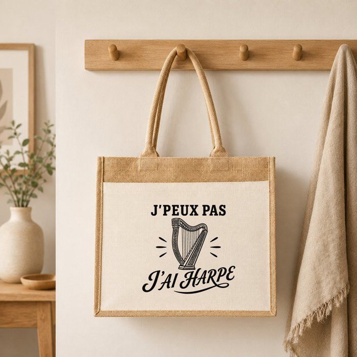 Sac Cabas Jute avec Poche J’peux pas j’ai Harpe J'peux pas minimaliste | Toile de Jute et Coton 21 L Fond Plat Anses 65 cm | Marché