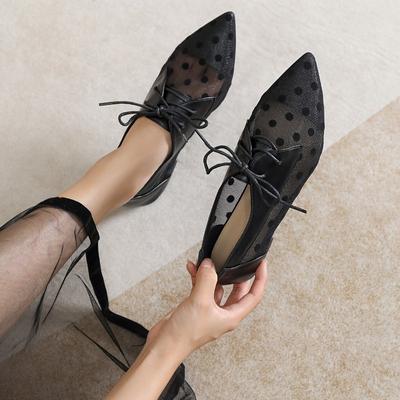 Балетки с острым носком, сетчатые, на шнуровке, плоские, женская обувь, в горошек, дышащие сандалии, большие размеры 35-43