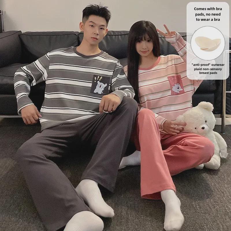 «Женский и мужской пижамный комплект с нагрудными накладками и рисунком – домашняя одежда с длинными рукавами в корейском стиле для осени и зимы»