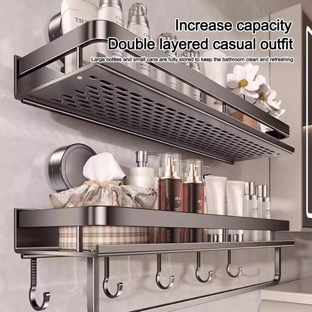 No Drilling Bathroom Shelf Aluminum Toilet Storage Rack Multifunctional Wall Shampoo Holder