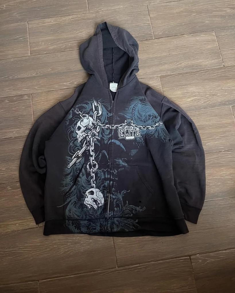 Американская мода Ecko Унисекс Готическое худи Y2K Оверсайз Толстовка на молнии Темная уличная толстовка с принтом черепа Пара Кэжуалпанк