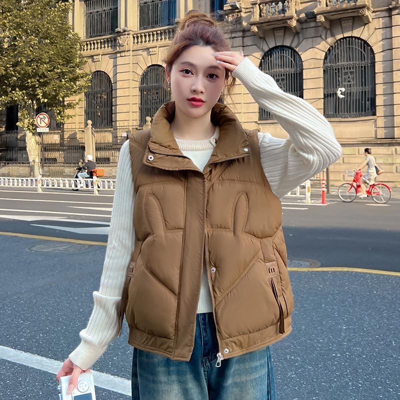Пуховый жилет куртка женский осенне-зимний новый модный короткий верхняя одежда утолщенный воротник-стойка без рукавов хлопковый жилет