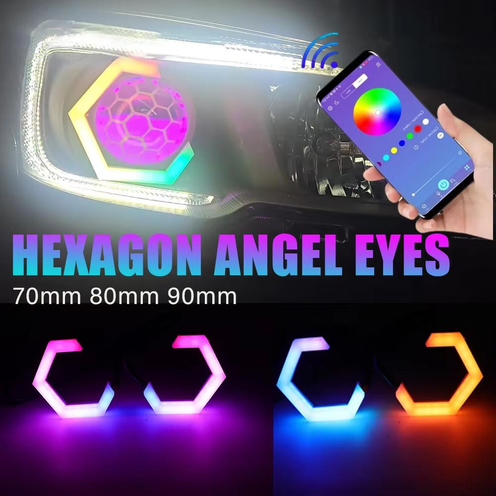 60мм 70мм 80мм 90мм RGB Шестиугольные Светодиодные Ангельские Глазки с Габаритными Огнями Halo Кольца для Автомобильных Фар Дневные Ходовые Огни 12-24В для Мотоцикла Внедорожника 4X4