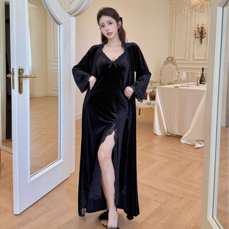 New French long velvet sexy pajamas lace temptation pure desire wind suspender nightdress robe loungewear set