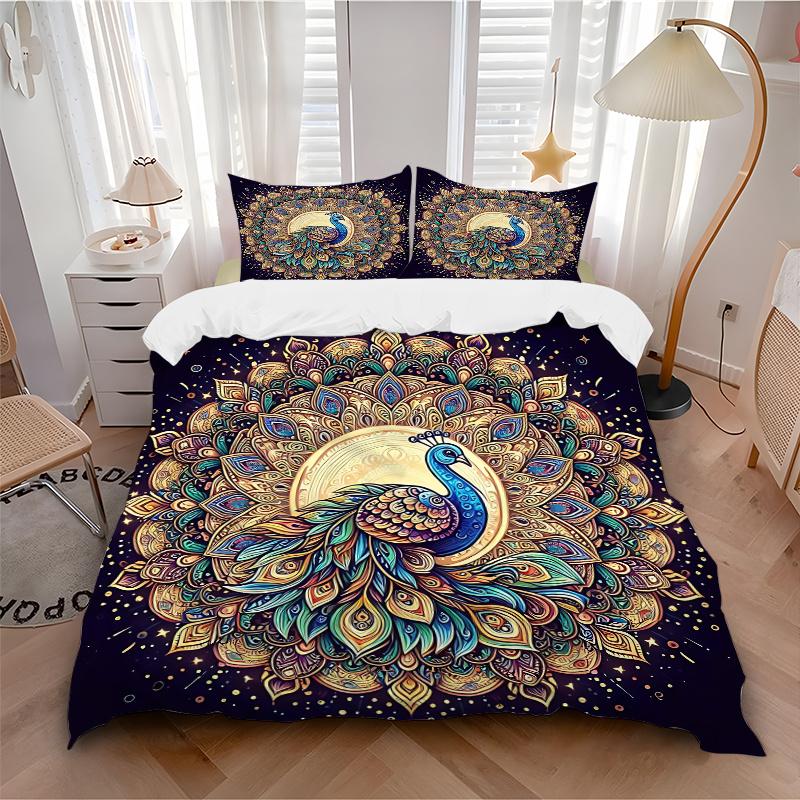 3pcs Beautiful Peacock Printed Quilt Set - Includes 1 Quilt Cover and 2 Pillowcases, Machine Washable - Suitable for All Seasons.W003