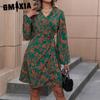 Женская мода весна осень цветочный принт длинный рукав V-образный вырез высокая талия повседневные платья