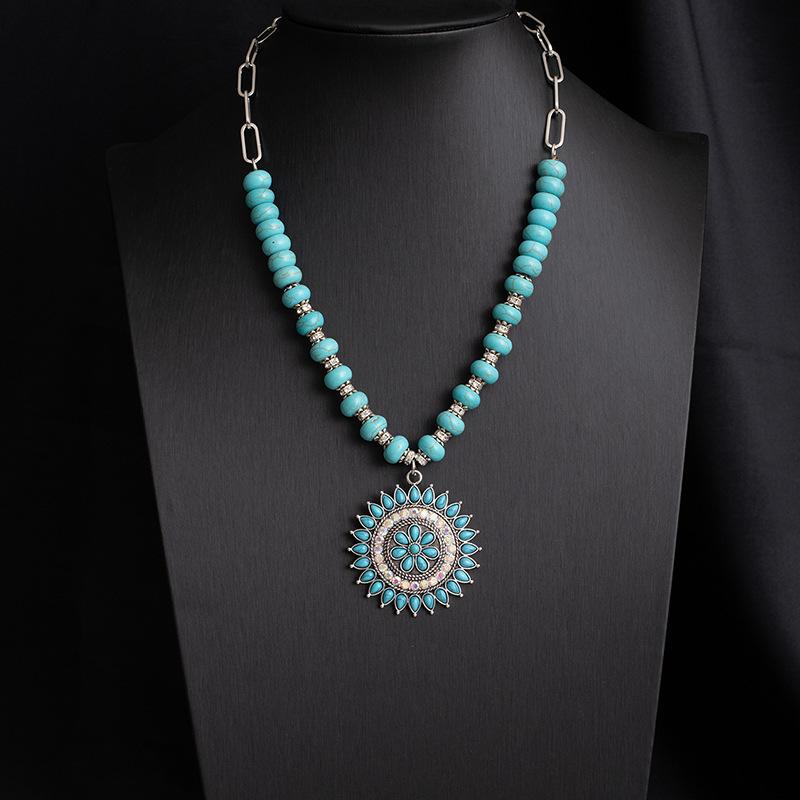 Boho Turquoise Layered Necklace, Ethnic Tassel Pendant Choker, Colorful Vintage Statement Jewelry, Sweater Chain